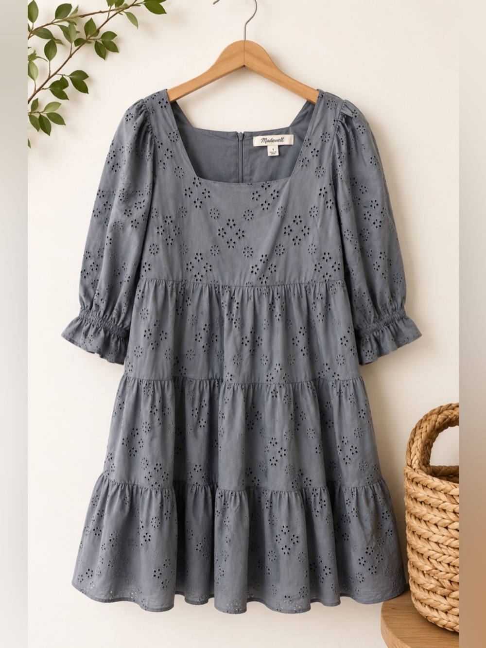 Madewell Eyelet Puff Sleeve Tiered Mini Dress Size 6”